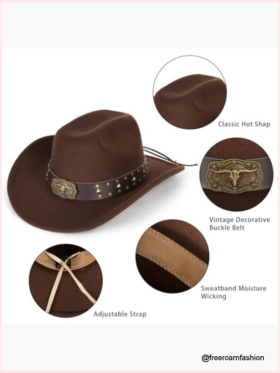 Classic Western Felt Cowboy Hat with Buckle, Adjustable